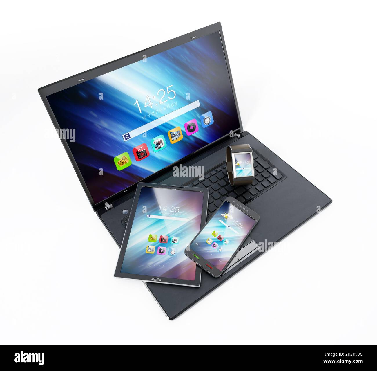 Computer portatile, tablet pc, smartphone e smartphone. Illustrazione 3D Foto Stock