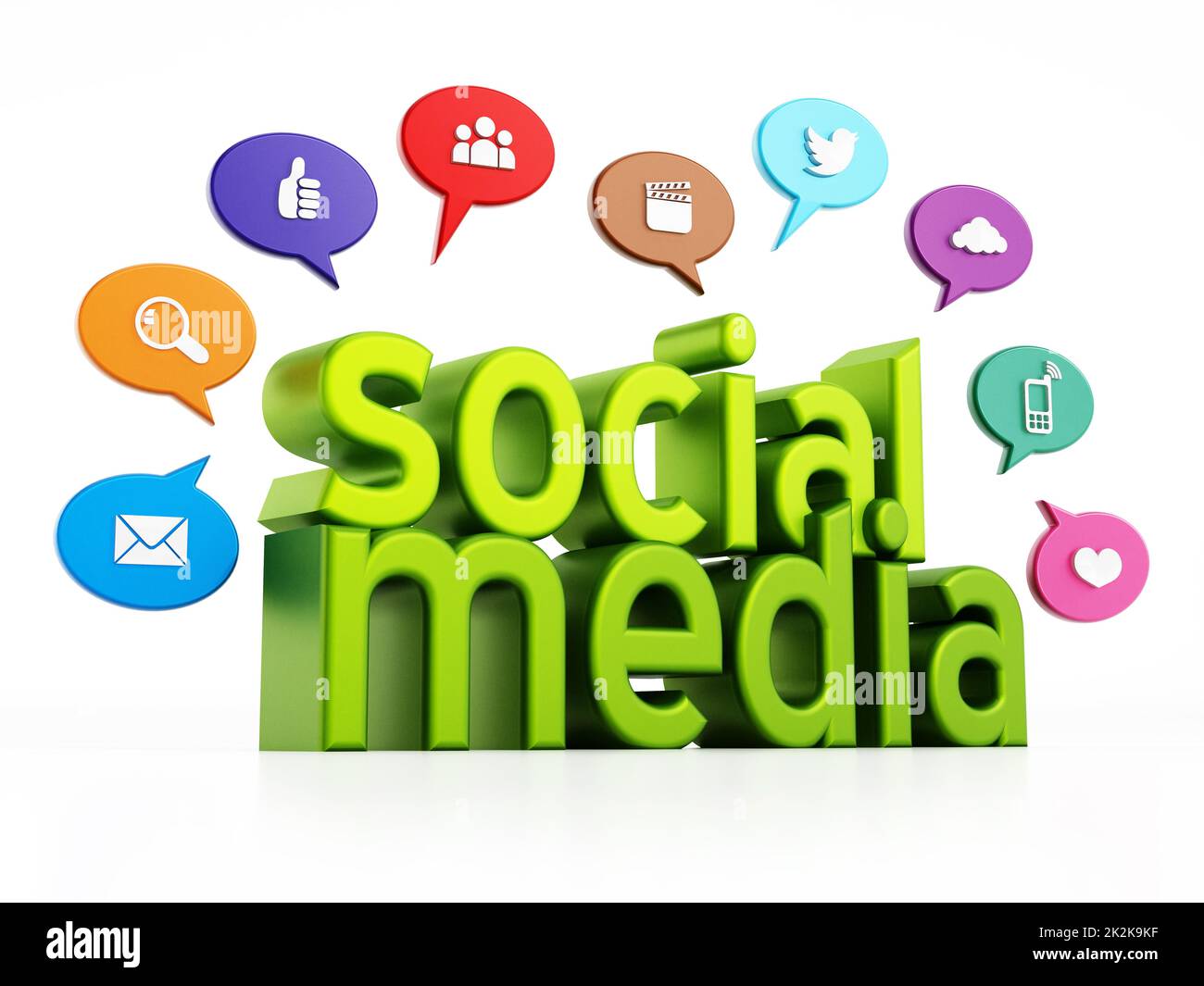 Concetto di social media con testo verde e fumetti mediatici. Illustrazione 3D Foto Stock