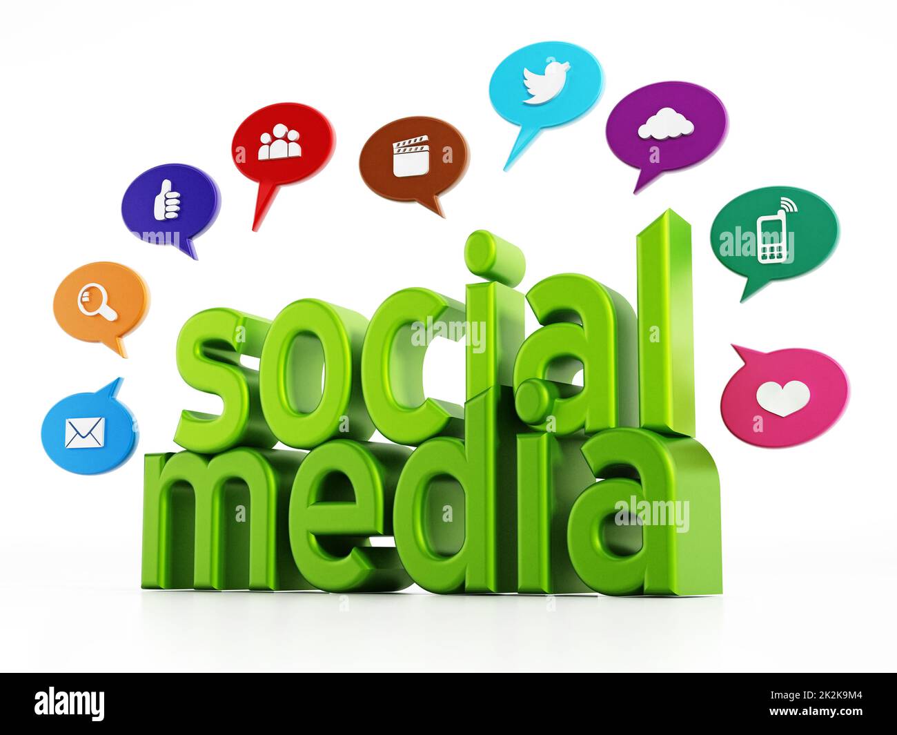 Concetto di social media con testo verde e fumetti mediatici. Illustrazione 3D Foto Stock