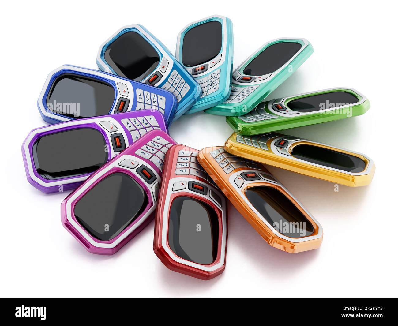 Telefoni cellulari multicolore di vecchio stile con tastiera. Illustrazione 3D Foto Stock