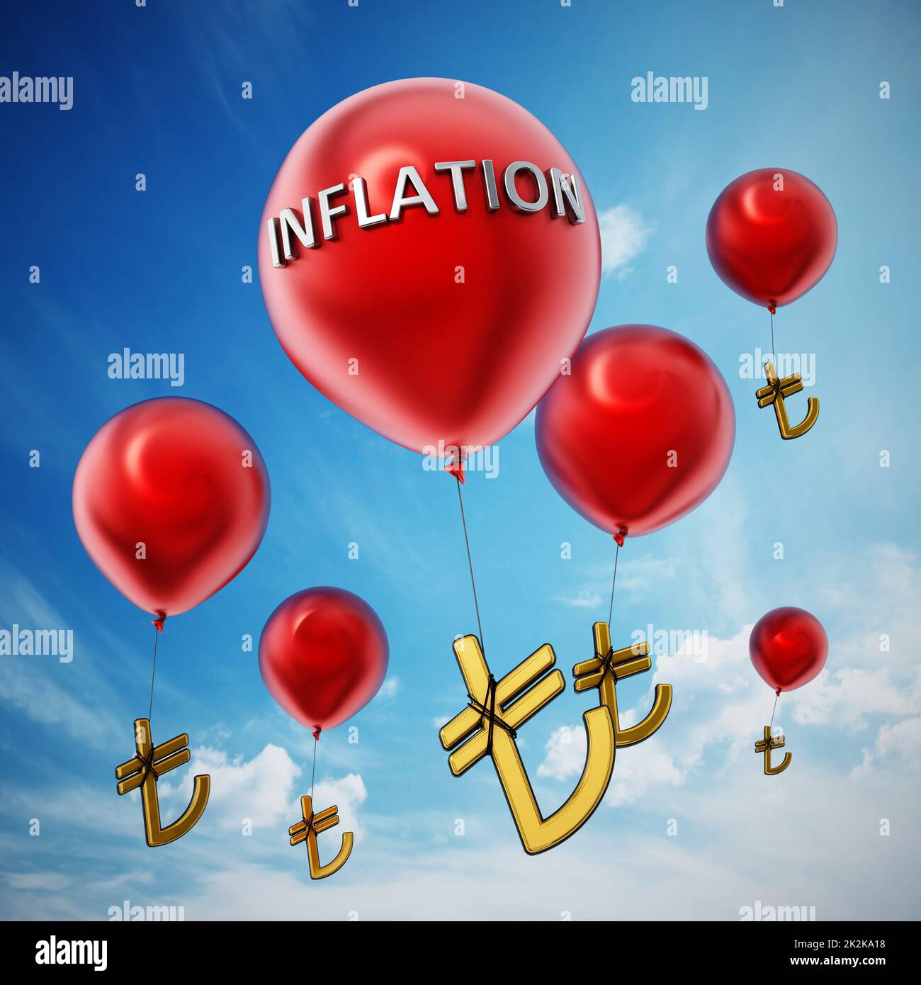 Palloncini rossi con simbolo di lira turca legata. Illustrazione 3D Foto Stock