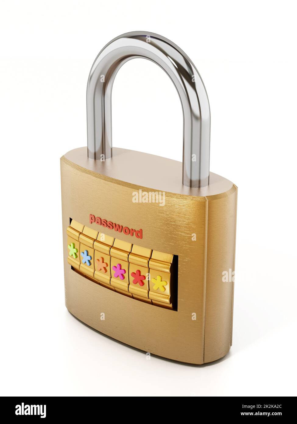 Lucchetto con schermata della password isolata su sfondo bianco. Illustrazione 3D Foto Stock