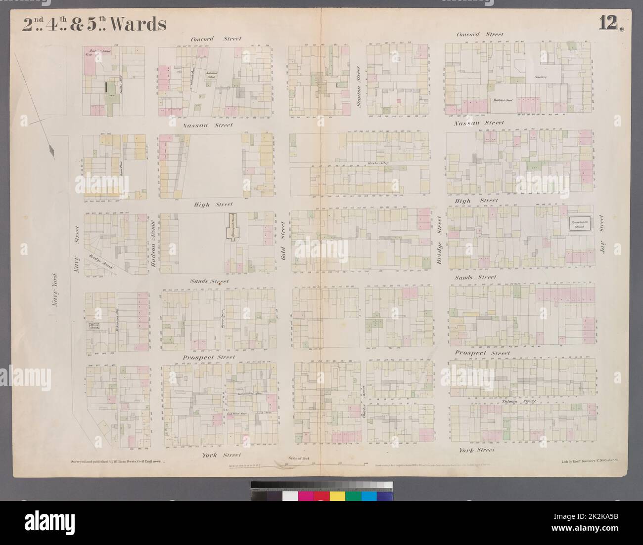 Cartografica, Mappe. 1855. Lionel Pincus e la Principessa Firyal Map Division. Brooklyn (New York, N.Y.), Insurance, Fire, Maps Plate 12: Mappa delimitata da York Street, Navy Street, Condord Street, Jay Street Foto Stock