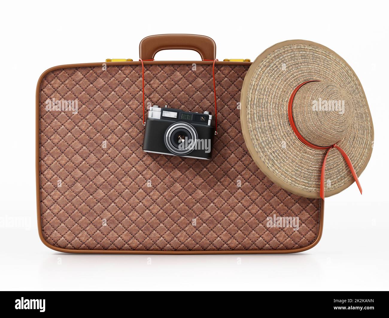 Macchina fotografica vintage e cappello da donna appesi alla valigia. Illustrazione 3D Foto Stock