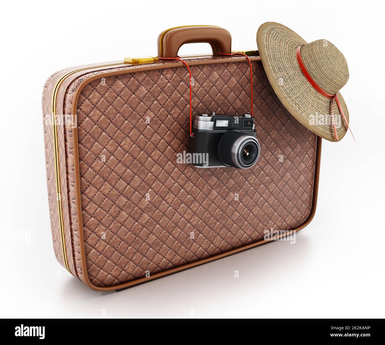 Macchina fotografica vintage e cappello da donna appesi alla valigia. Illustrazione 3D Foto Stock