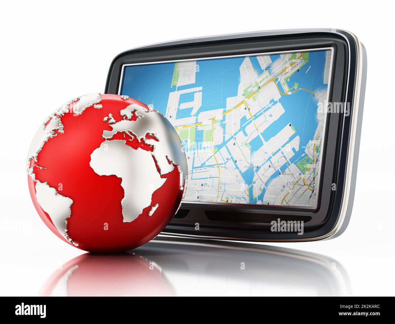 GPS Global Positioning System e globo isolati su sfondo bianco. Illustrazione 3D Foto Stock