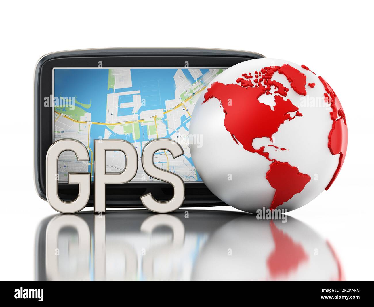 GPS Global Positioning System e globo isolati su sfondo bianco. Illustrazione 3D Foto Stock