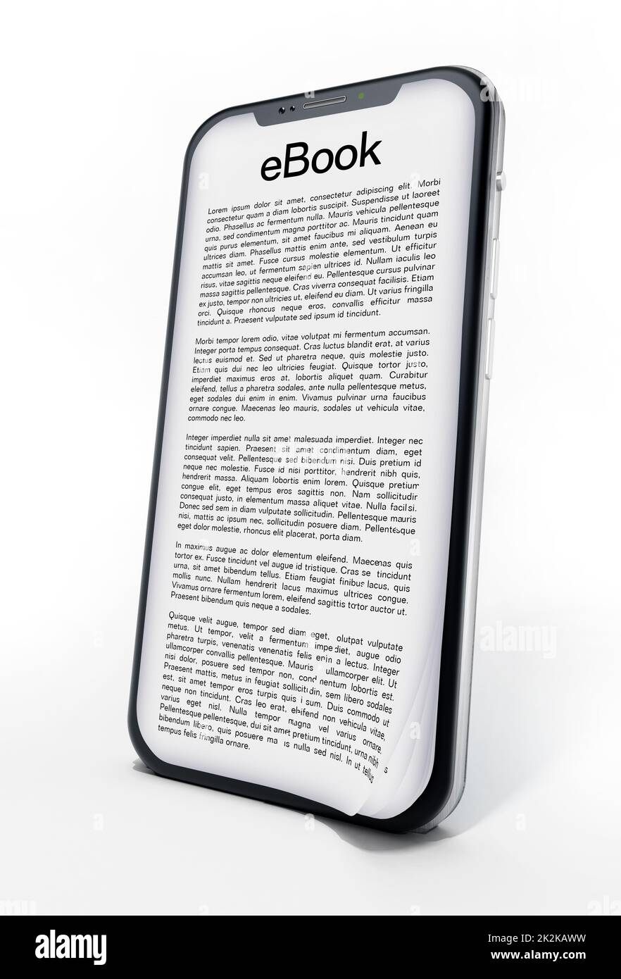 Pagina del libro sullo schermo dello smartphone isolata su sfondo bianco. Illustrazione 3D Foto Stock