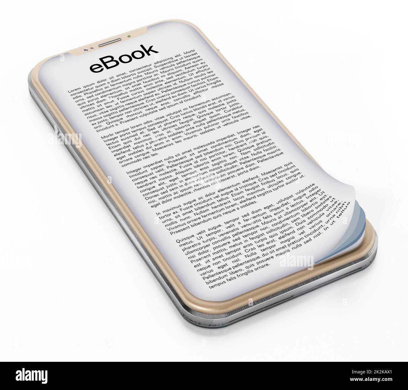 Pagina del libro sullo schermo dello smartphone isolata su sfondo bianco. Illustrazione 3D Foto Stock