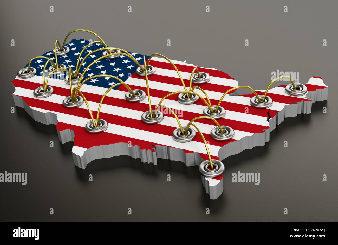 Rete di punti di viaggio sulla mappa degli stati uniti. Illustrazione 3D Foto Stock