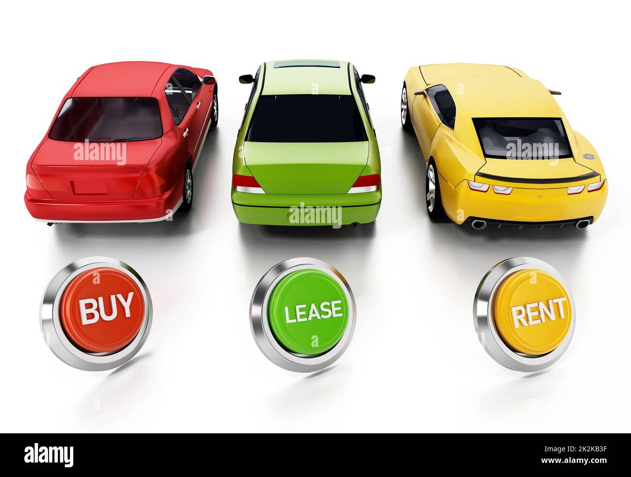 Auto e acquistare, noleggiare, affittare pulsanti isolati su sfondo bianco. Illustrazione 3D Foto Stock