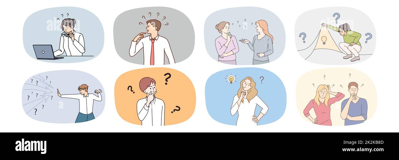 Insieme di gente confusa si meraviglia della soluzione del problema Foto Stock