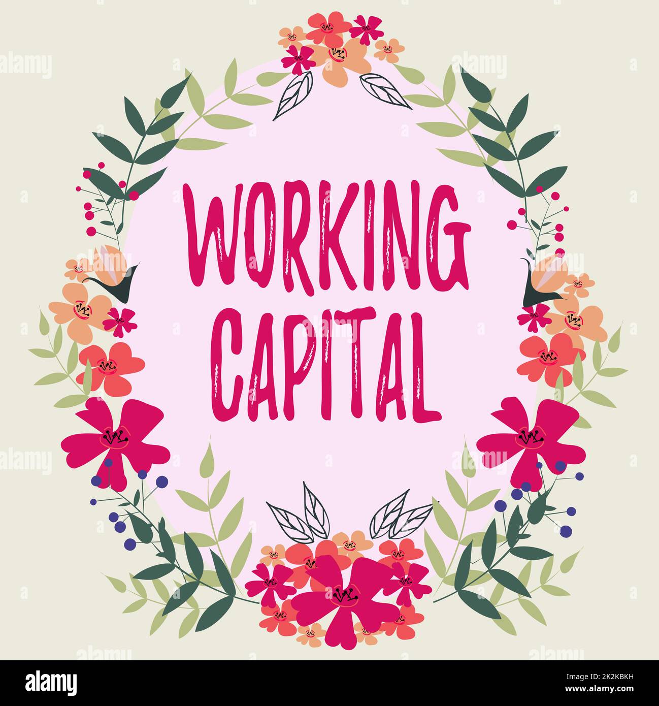Didascalia di testo che presenta il capitale di lavoro. Business showcase Working Capital Frame decorato con fiori colorati e Foliage disposti armoniosamente. Foto Stock