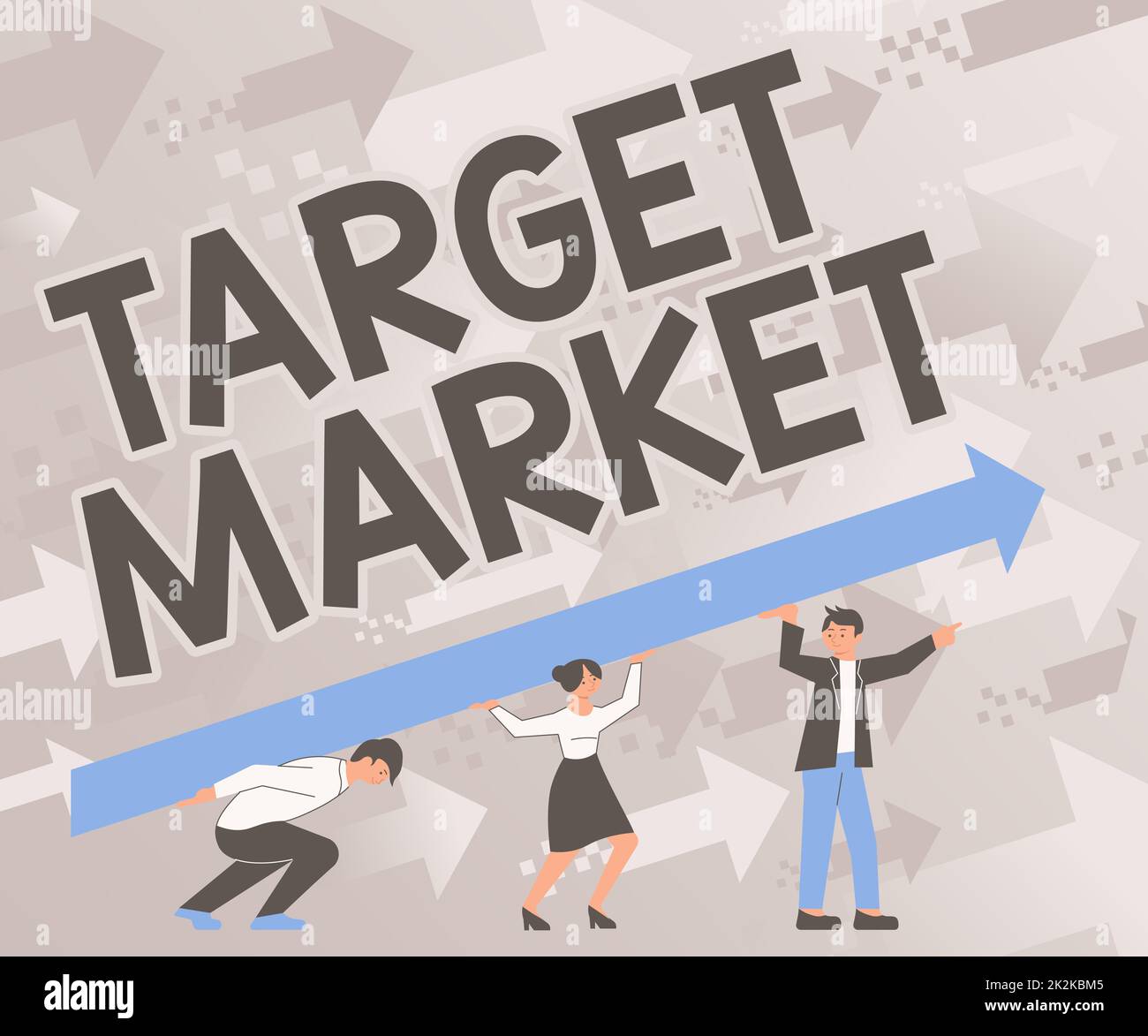 Scrittura visualizzazione testo mercato di destinazione. Business concept Gruppo particolare di consumatori che un prodotto è rivolto quattro colleghi che disegnano in piedi Holding grande freccia per il successo. Foto Stock