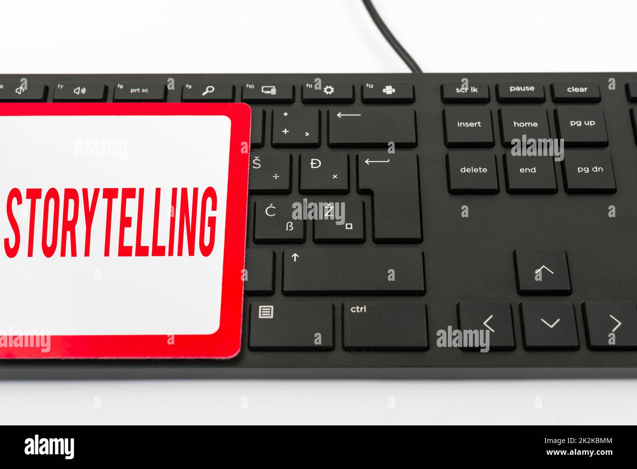 Visualizzazione concettuale Storytelling. Business showcase attività sociale e culturale con gesti teatrali computer Keyboard e Symbol.Information Medium for Communication. Foto Stock