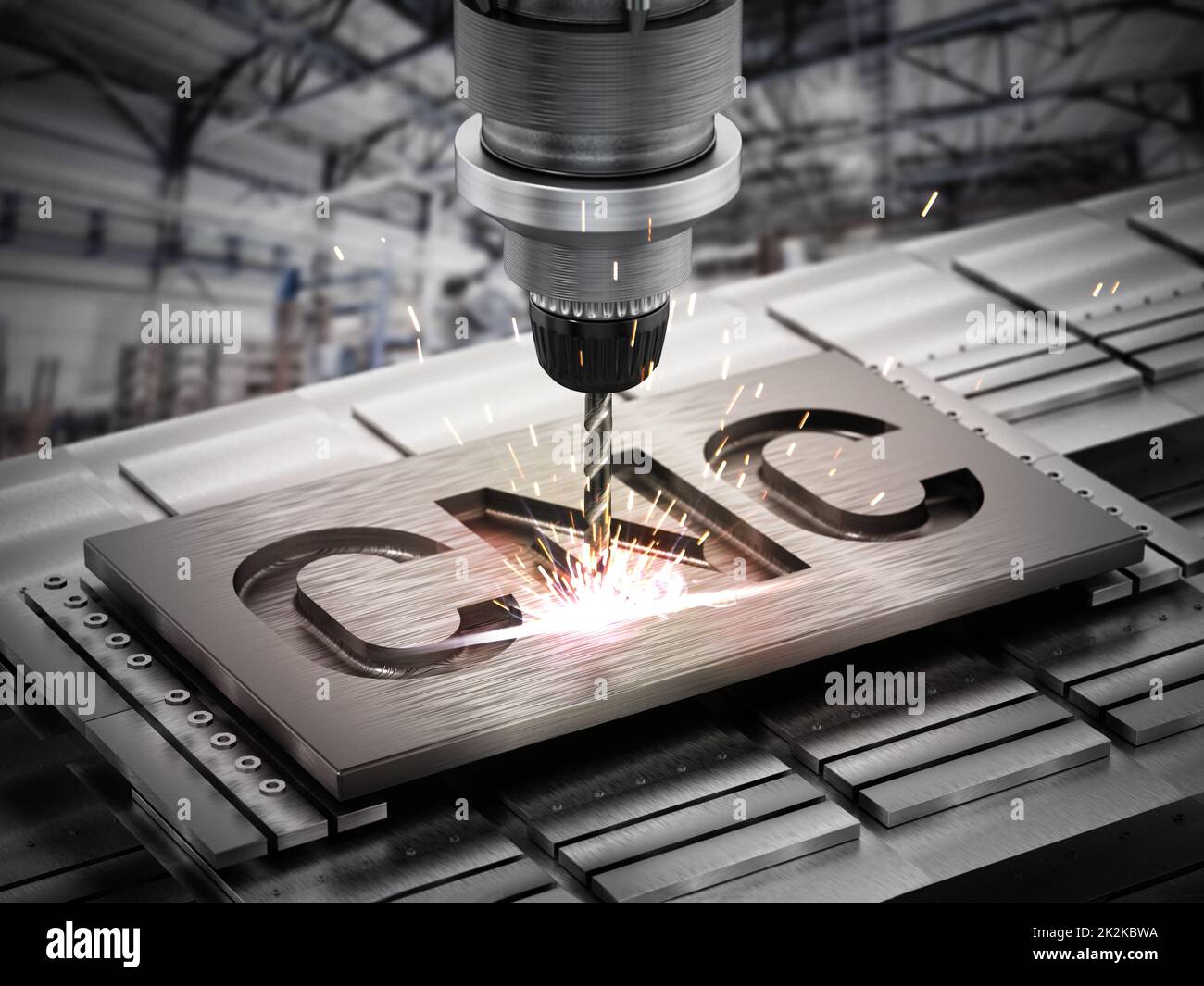 Primo piano di un'attrezzatura generica di perforazione CNC. Illustrazione 3D Foto Stock