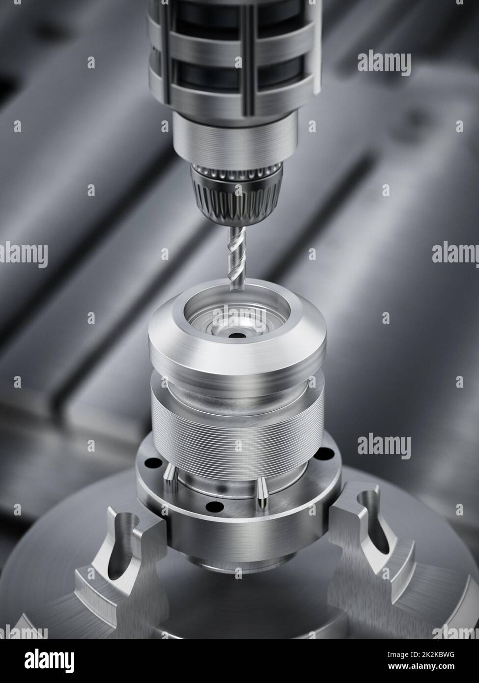 Primo piano di un'attrezzatura generica di perforazione CNC. Illustrazione 3D Foto Stock