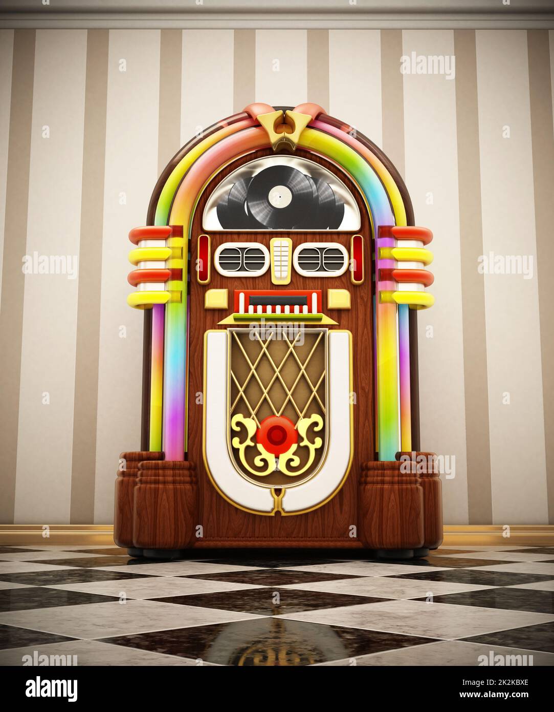 Jukebox in piedi su un terreno a dama accanto al muro. Illustrazione 3D Foto Stock