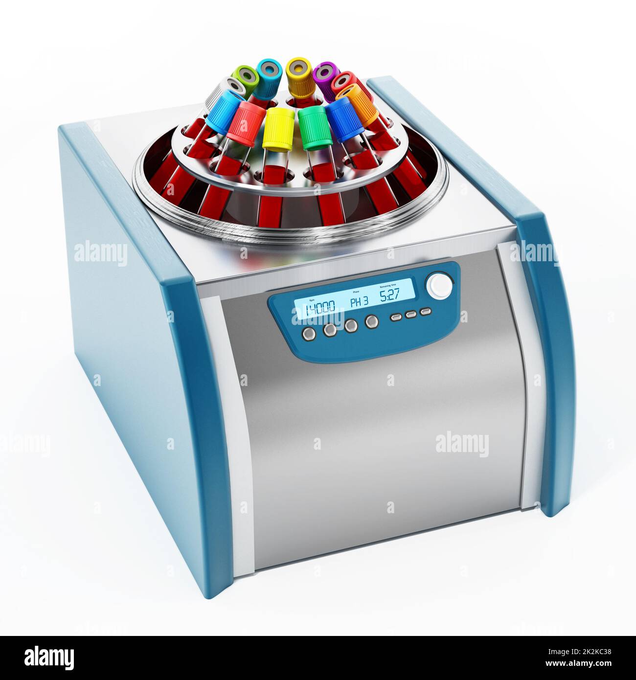 Macchina per centrifuga con provette piene di campioni di sangue. Illustrazione 3D Foto Stock