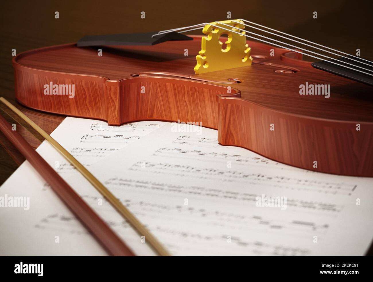 Primo piano del violino in piedi sul foglio musicale. Illustrazione 3D Foto Stock
