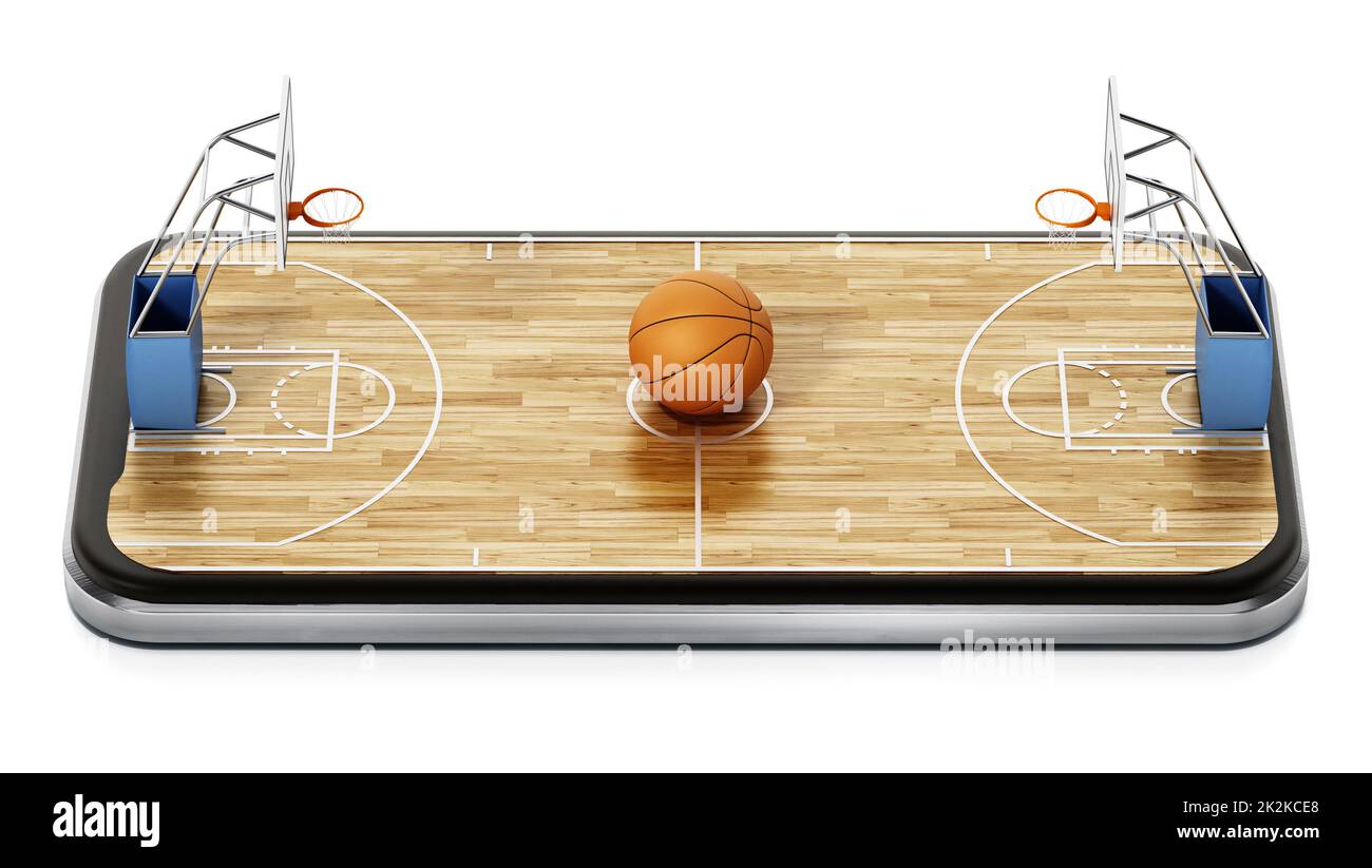 Campo da pallacanestro sullo schermo dello smartphone. Rendering 3D Foto Stock