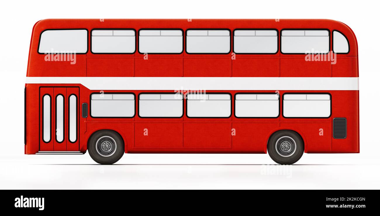 Autobus rosso a due piani isolato su sfondo bianco. Illustrazione 3D Foto Stock