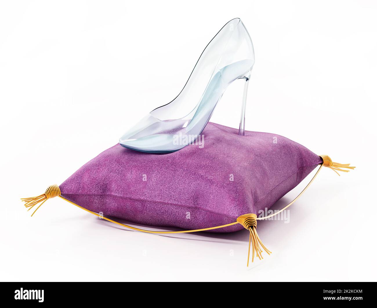 Scarpa in vetro singola su cuscino in velluto viola. Illustrazione 3D Foto Stock