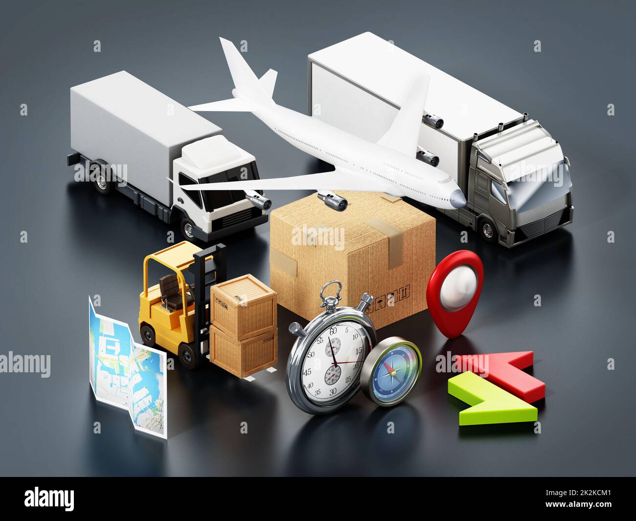 Concetto di trasporto globale con veicoli e scatole. Illustrazione 3D Foto Stock