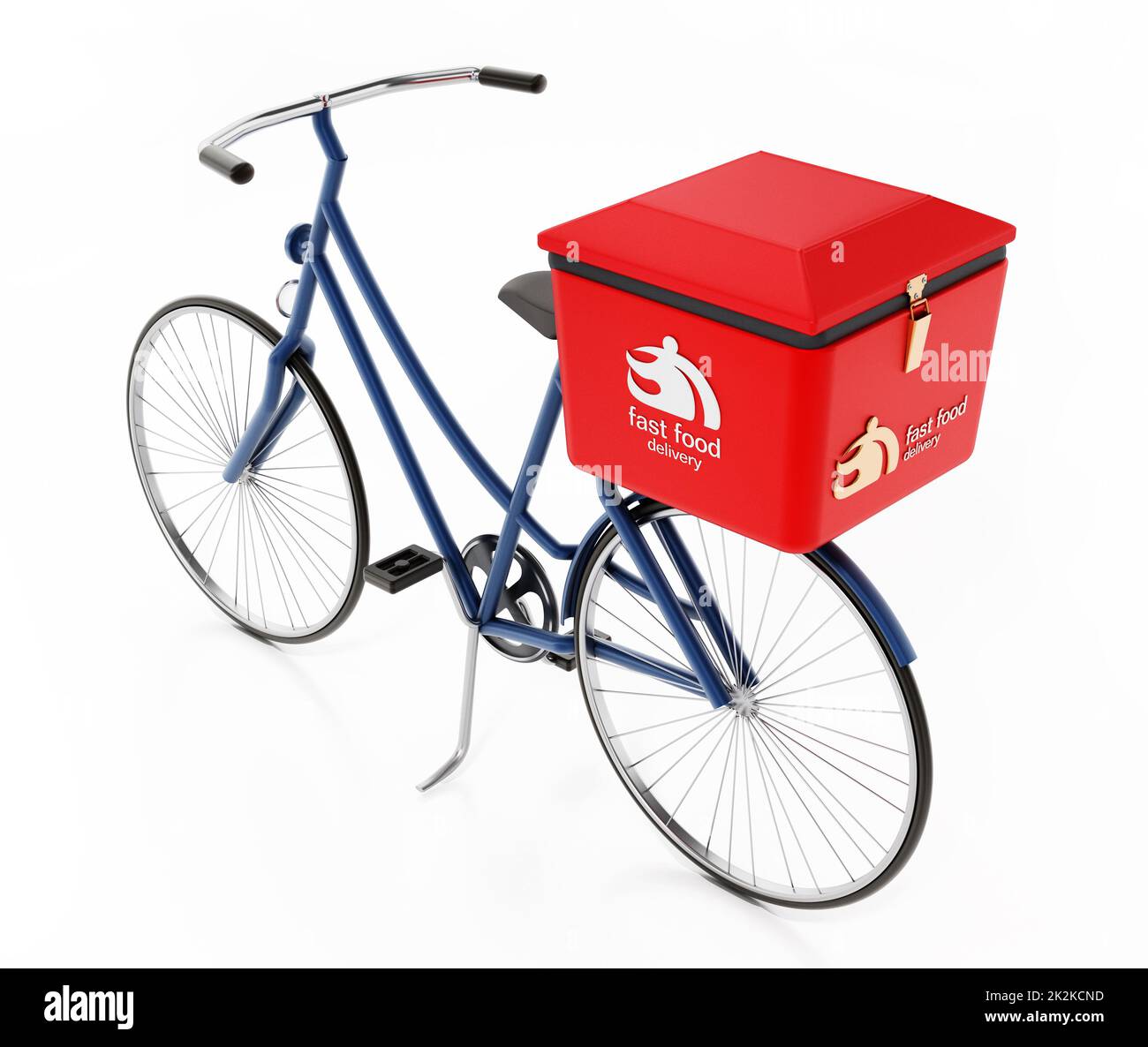 Bicicletta per consegna fast food isolata su sfondo bianco. Illustrazione 3D Foto Stock