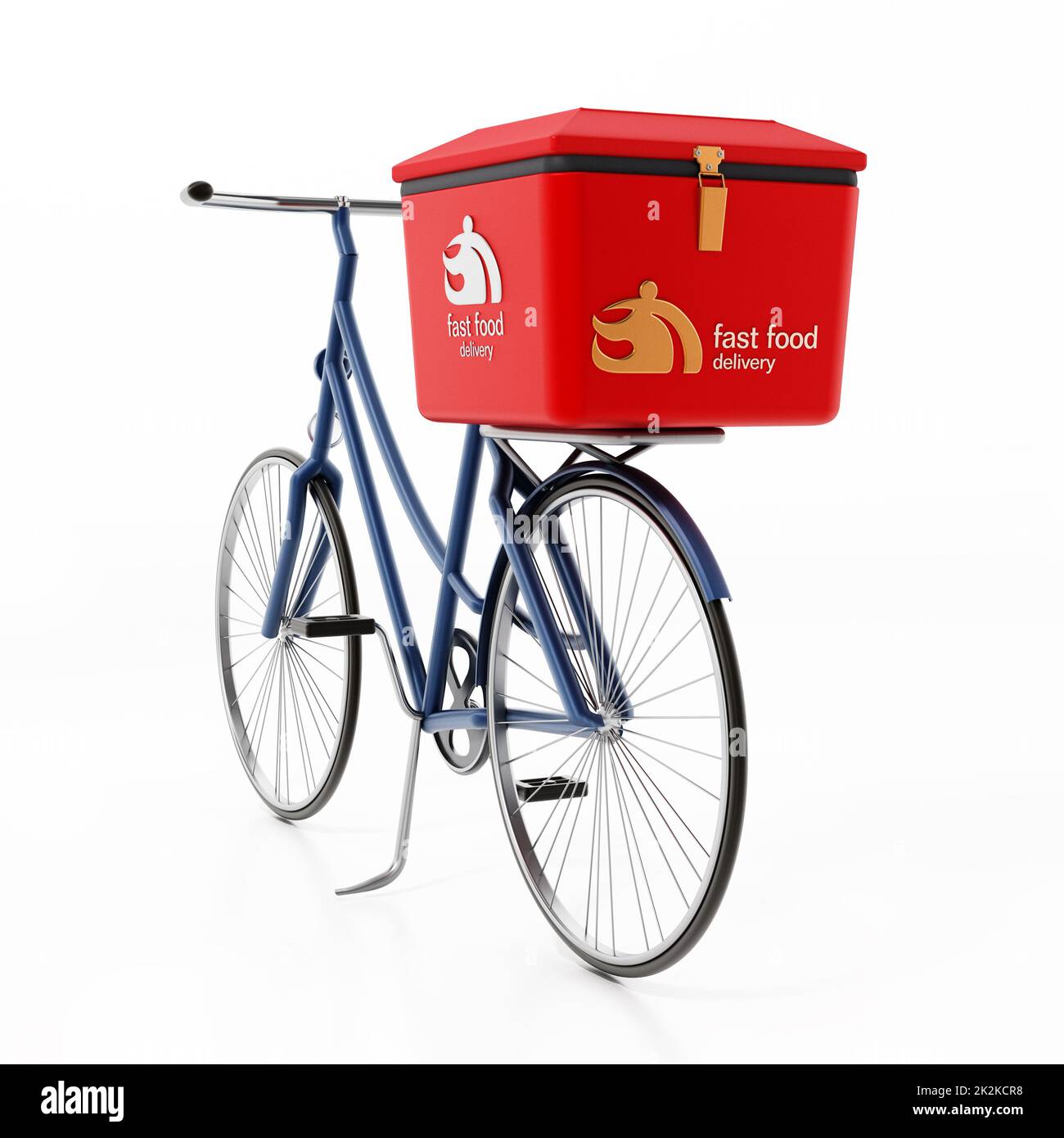 Bicicletta per consegna fast food isolata su sfondo bianco. Illustrazione 3D Foto Stock