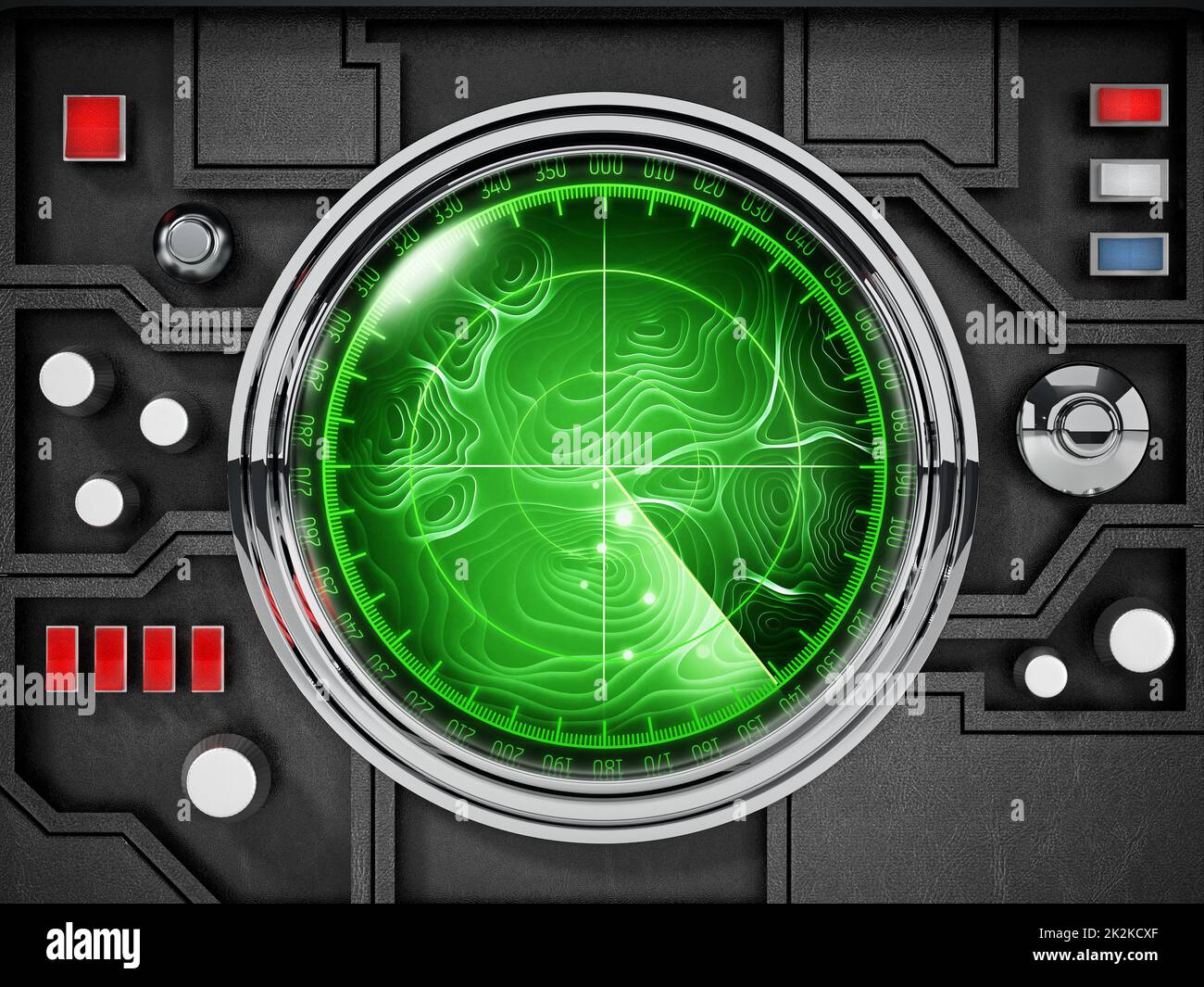 Sistema radar retrospettico e pulsanti di comando. Illustrazione 3D Foto Stock