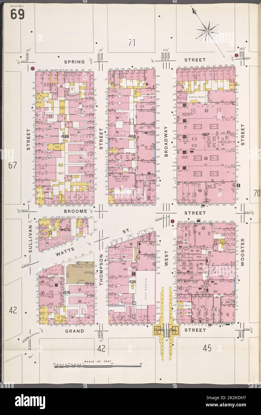 Cartografica, Mappe. 1884 - 1936. Lionel Pincus e la Principessa Firyal Map Division. Assicurazione antincendio , New York (stato), Real Property , New York (stato), Cities & Cities , New York (stato) Manhattan, V. 1, Plate No. 69 Mappa delimitata da Spring St., Wooster St., Grand St., Sullivan St. Foto Stock