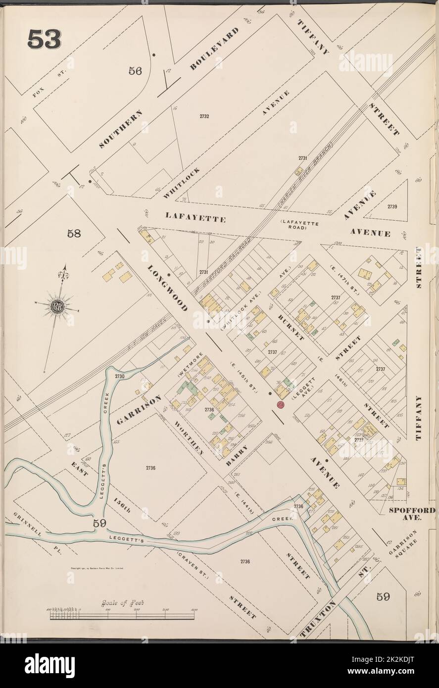 Cartografica, Mappe. 1901. Lionel Pincus e la Principessa Firyal Map Division. Assicurazione antincendio , New York (stato), Real Property , New York (stato), Cities & Cities , New York (stato) Bronx, V. 14, Plate No. 53 Mappa delimitata da Southern Blvd., Tiffany St., E. 156th St. Foto Stock