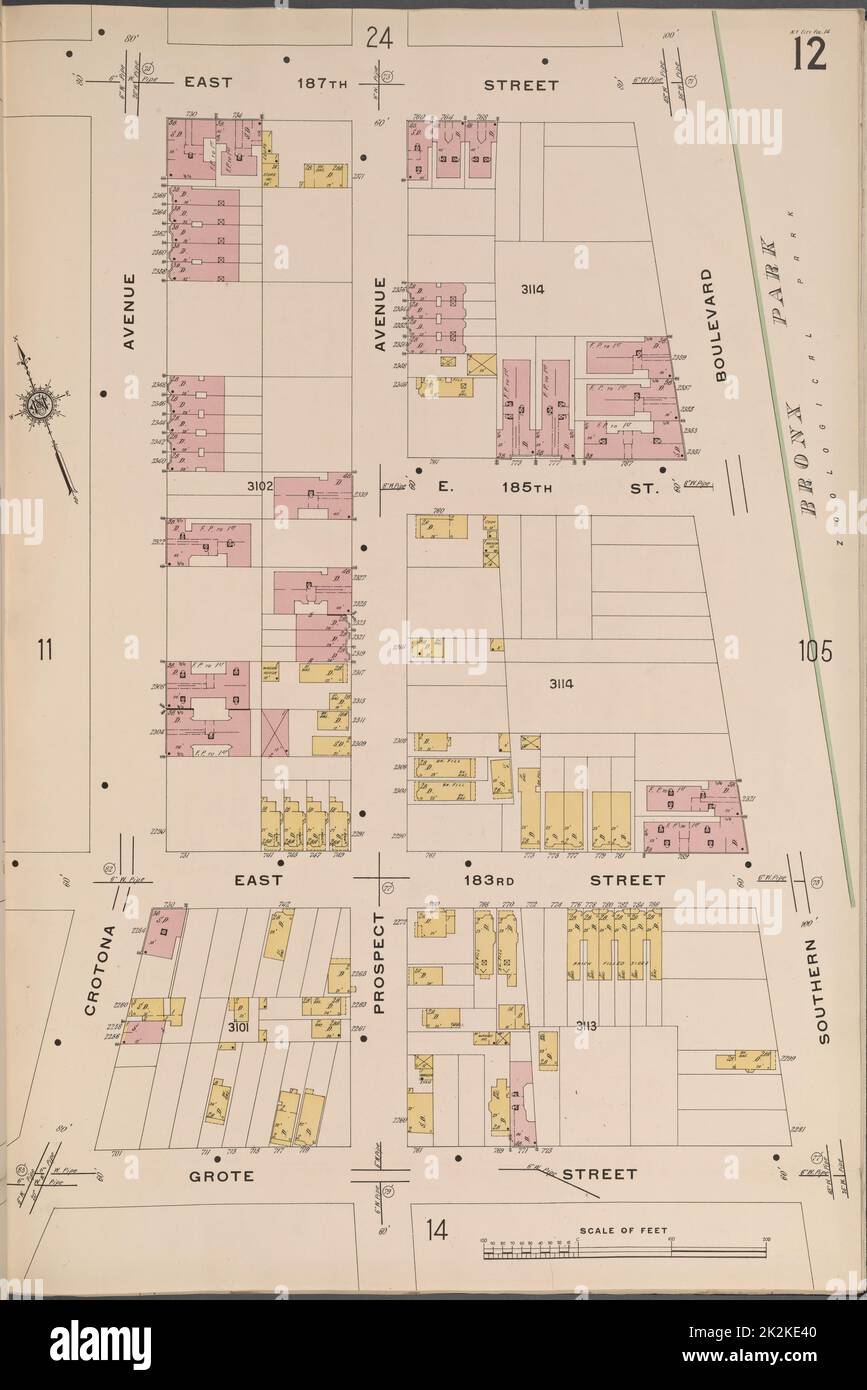 Cartografica, Mappe. 1914. Lionel Pincus e la Principessa Firyal Map Division. Assicurazione antincendio , New York (stato), Real Property , New York (stato), Cities & Cities , New York (stato) Bronx, V. 14, Plate No. 12 Mappa delimitata da E. 187th St., Southern Blvd., Grotona St., Crotona Ave. Foto Stock