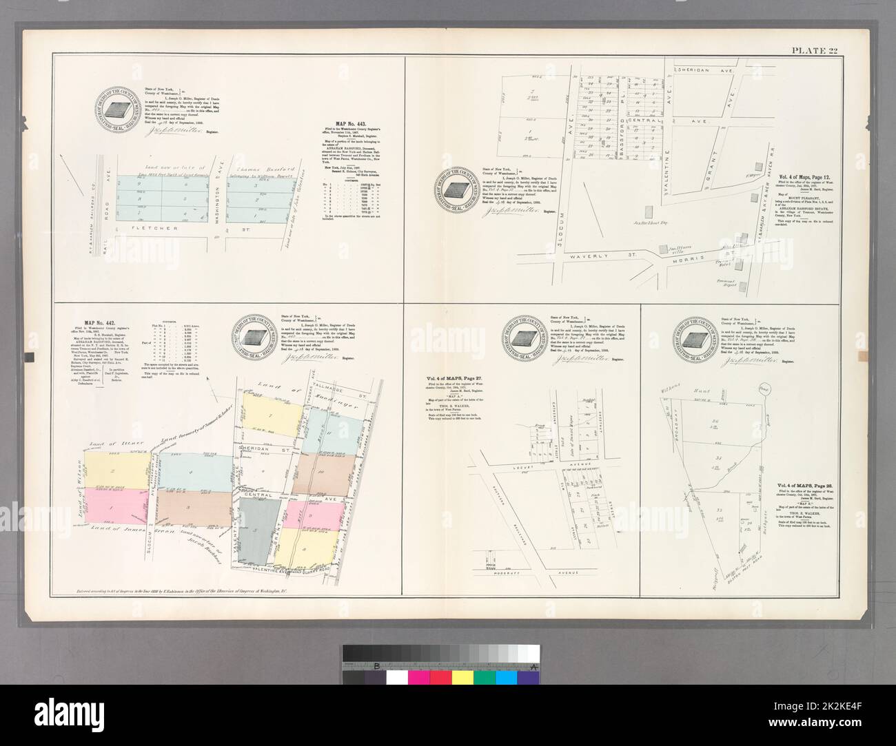 Cartografica, Mappe. 1888 - 1897. Lionel Pincus e la Principessa Firyal Map Division. Bronx (New York, N.Y.) Piastra 22: Mappa N. 443 delimitata da Railroad Ave., Washington Ave. E Fletcher St. - Vol. 4 di Mappe, pagina 12: Delimitata da Sherigan Ave., Grant Ave., N.Y. & Harlem, & N.Y. & New Haven R.R., Morrist St., Waverly St. E Slocum Ave. - Mappa N. 442: Bounded by Tallmadge St., Land of the New York and Harlem Railroad Company, Quarry Road, Valentine Ave. And Slocum Ave. - Vol. 4 of Maps, pagina 27: Bounded by Southern Blvd., Locust Ave., Catherine St., Chestnut St. E Woodruff Ave. - Vol. 4 of Maps, Pag Foto Stock