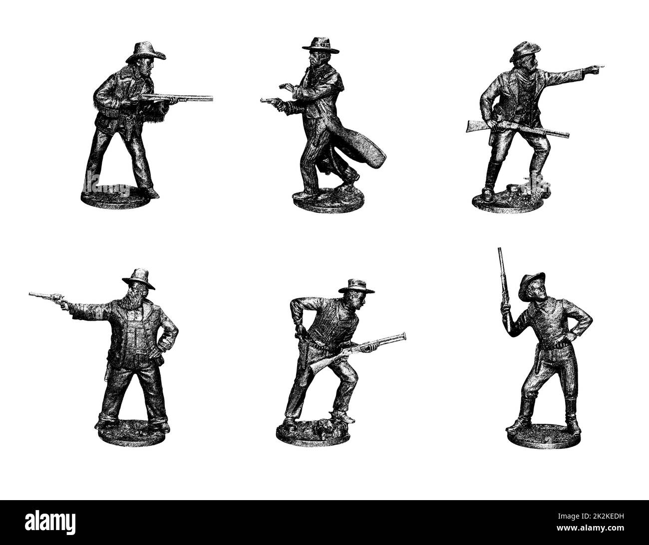 Cowboy. Gunslingers dal selvaggio West in diverse posizioni. Foto con figure in stagno. Foto Stock