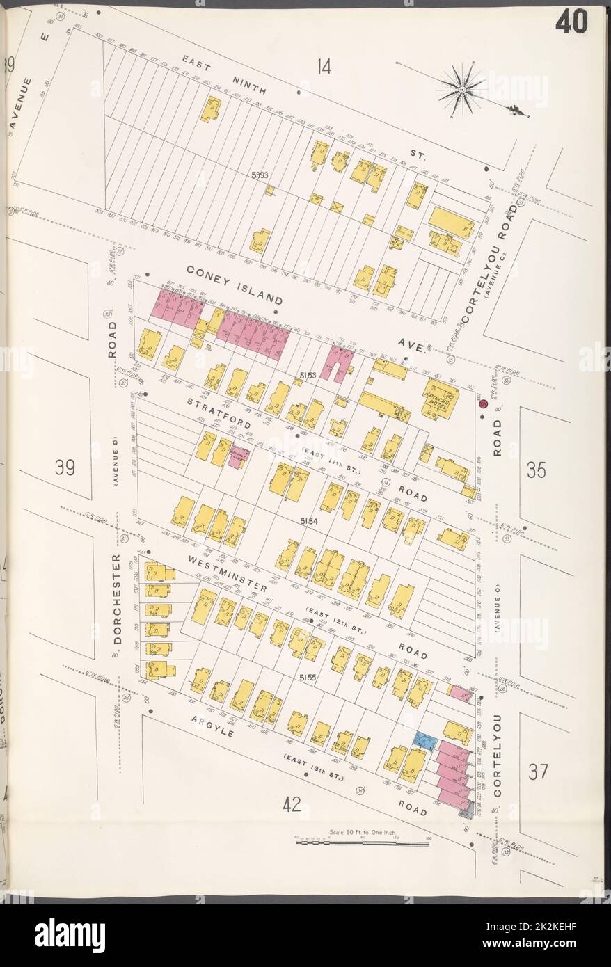 Cartografica, Mappe. 1884 - 1936. Lionel Pincus e la Principessa Firyal Map Division. Assicurazione antincendio , New York (Stato), Real Property , New York (Stato), Cities & Cities , New York (Stato) Brooklyn V. 10, Plate No. 40 Mappa delimitata da E. 9th St., Cortelyou Rd., Argyle Rd., Dorchester Rd. Foto Stock