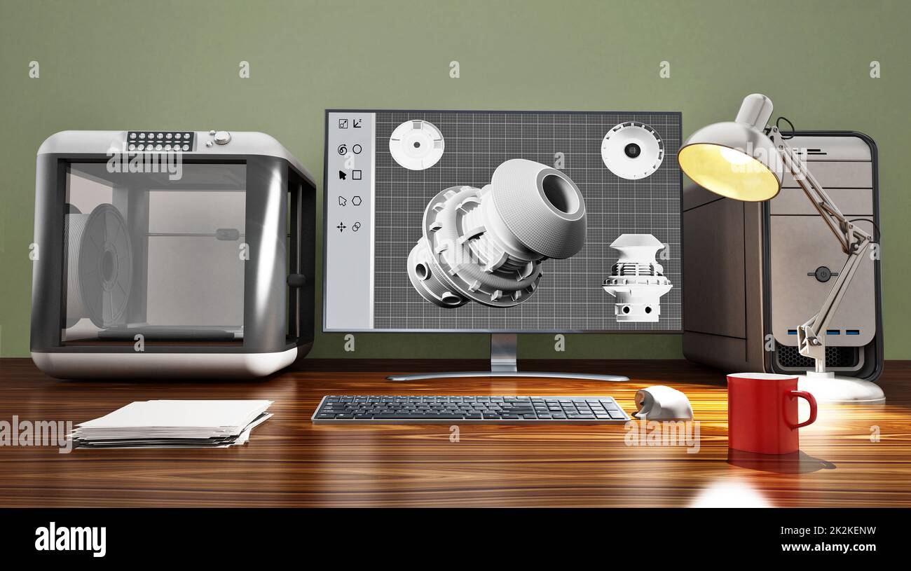 Stampante 3D e computer desktop in piedi sul tavolo. Illustrazione 3D Foto Stock
