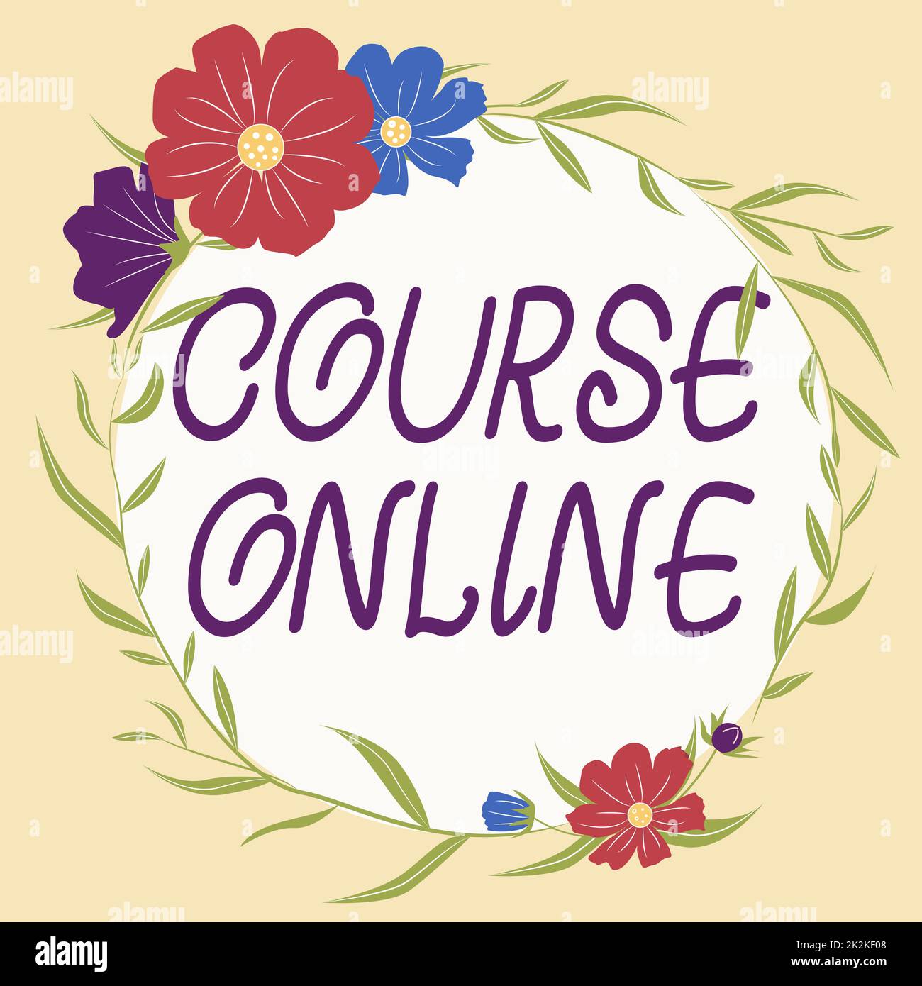 Corso online di didascalie concettuali. Business Approach eLearning Educazione elettronica Studio a distanza struttura di classe digitale decorata con fiori colorati e fogliame disposti armoniosamente. Foto Stock