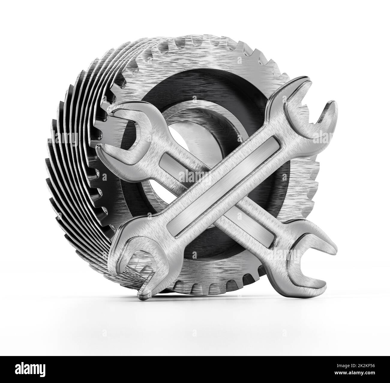Ruota dentata e chiavi isolate su sfondo bianco. Illustrazione 3D Foto Stock