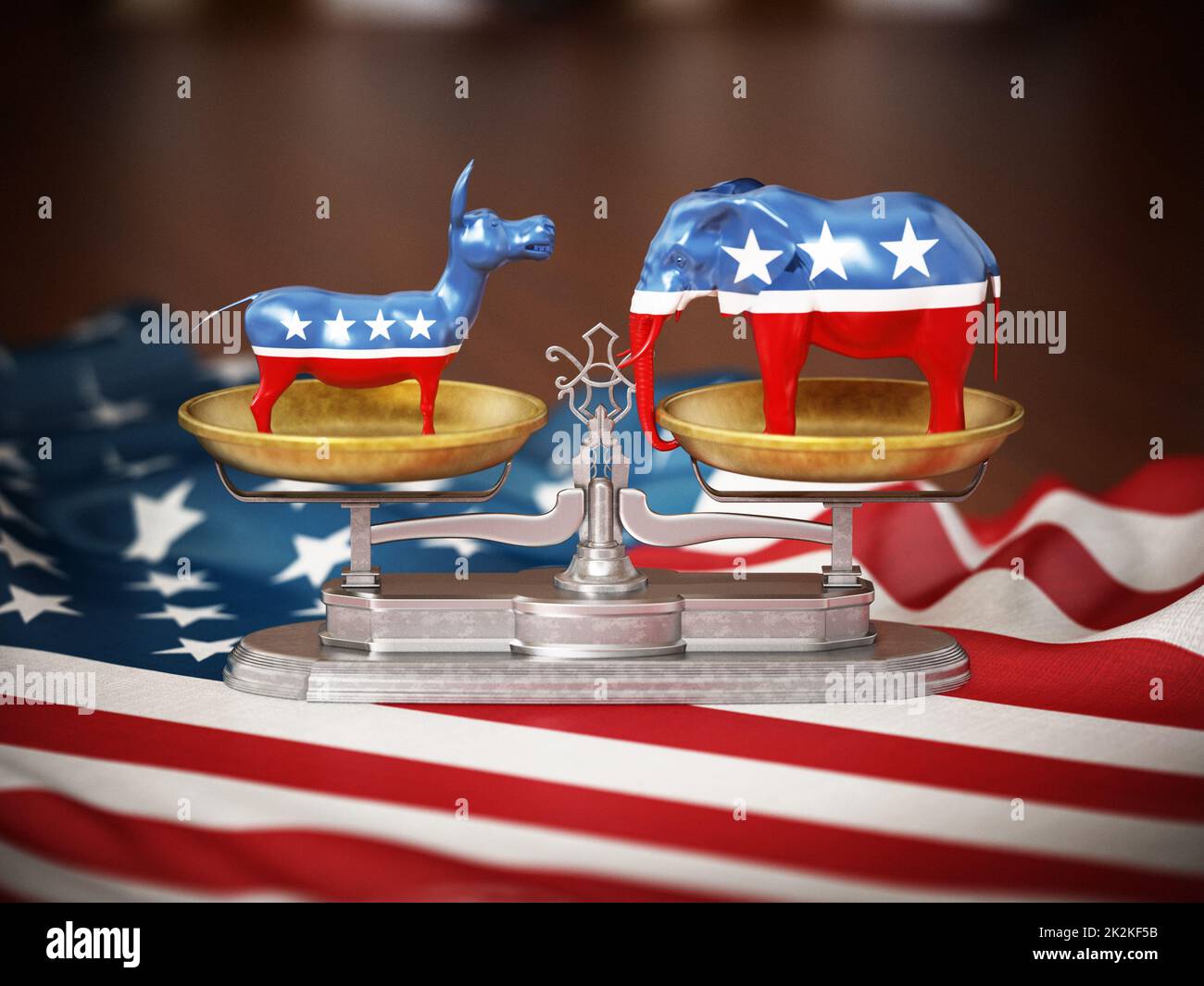 Simboli politici del partito repubblicano e democratico elefante e asino sulla bandiera americana. Illustrazione 3D Foto Stock