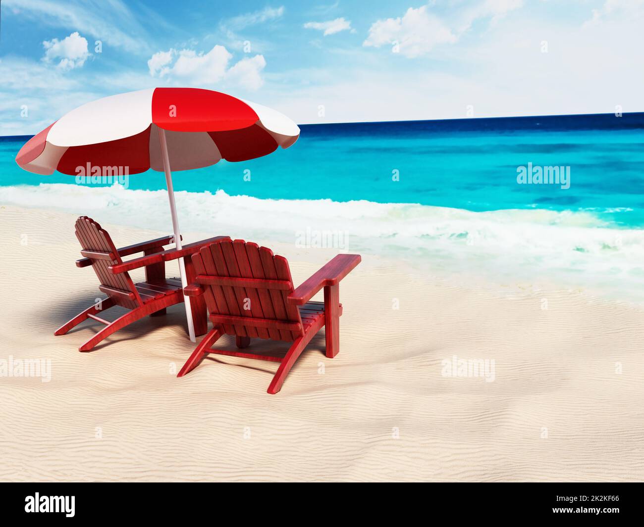 Ombrellone e due lettini in spiaggia in riva al mare. Illustrazione 3D Foto Stock