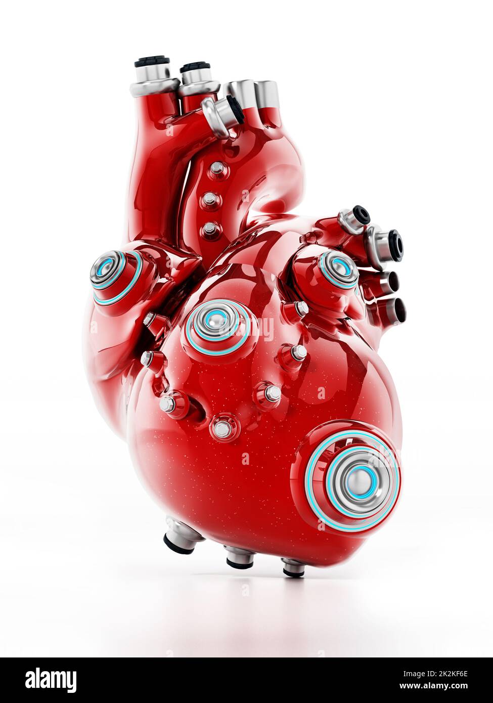 Meccanico artificiale cuore rosso isolato su bianco. Illustrazione 3D Foto Stock