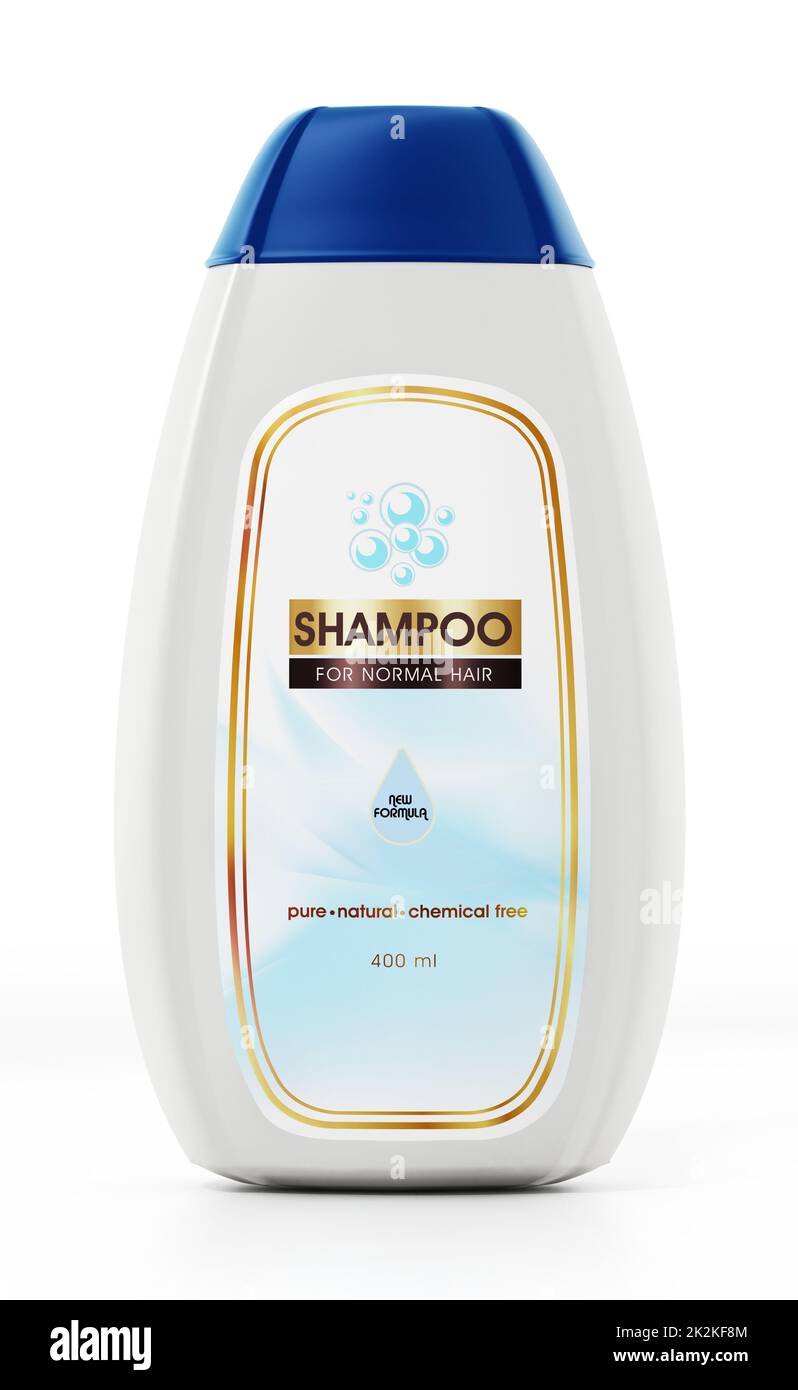Flacone di shampoo generico e design di etichetta isolato su sfondo bianco. Illustrazione 3D Foto Stock