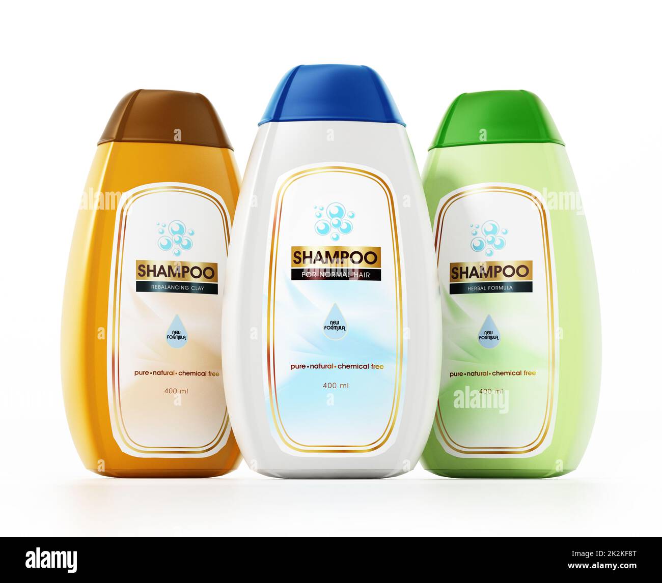 Flacone di shampoo generico ed etichette isolate su sfondo bianco. Illustrazione 3D Foto Stock