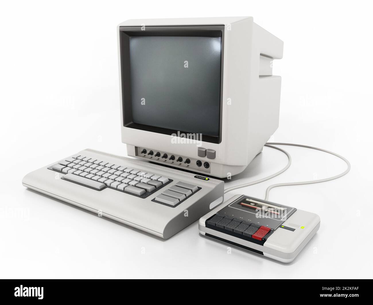 Personal computer vintage con lettore di cassette. Illustrazione 3D Foto Stock