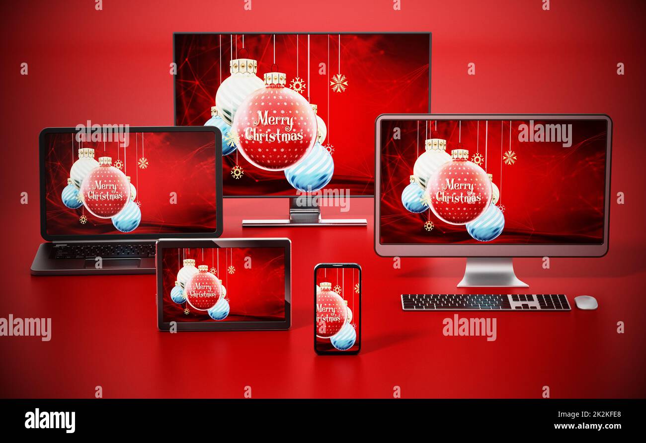 Natale baubles sfondo su smart TV, monitor, tablet computer, PC, smartphone e computer portatile Foto Stock
