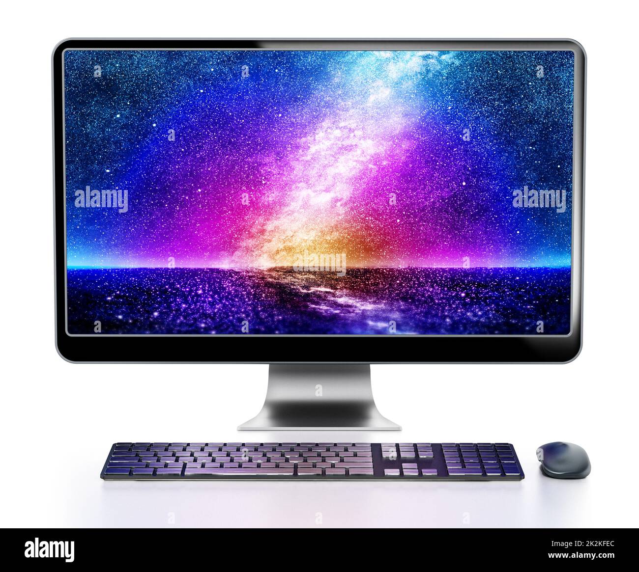 Moderno computer desktop con sfondo vivace. Illustrazione 3D Foto Stock
