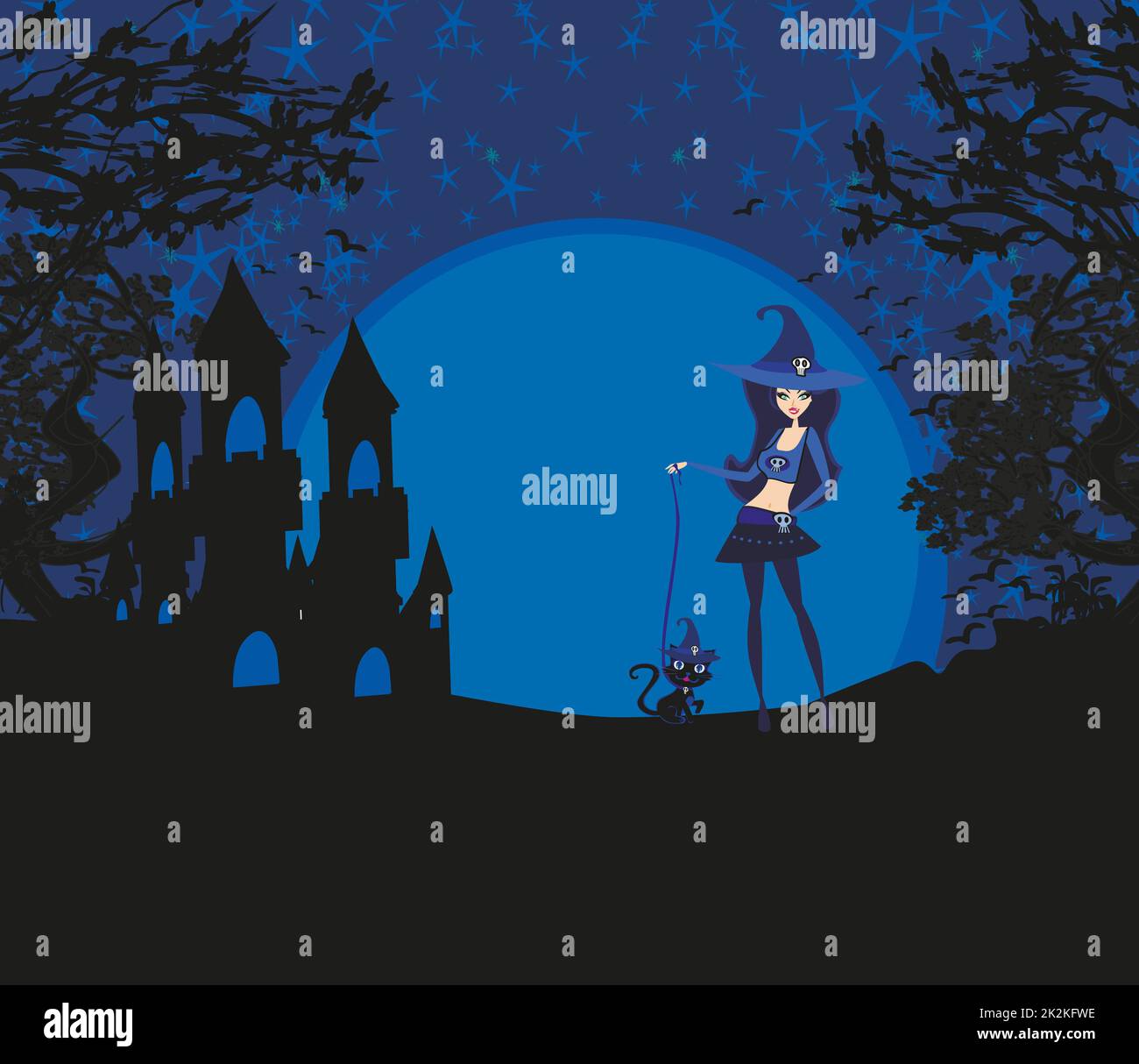 Invito Halloween con bella strega e creepy castle Foto Stock