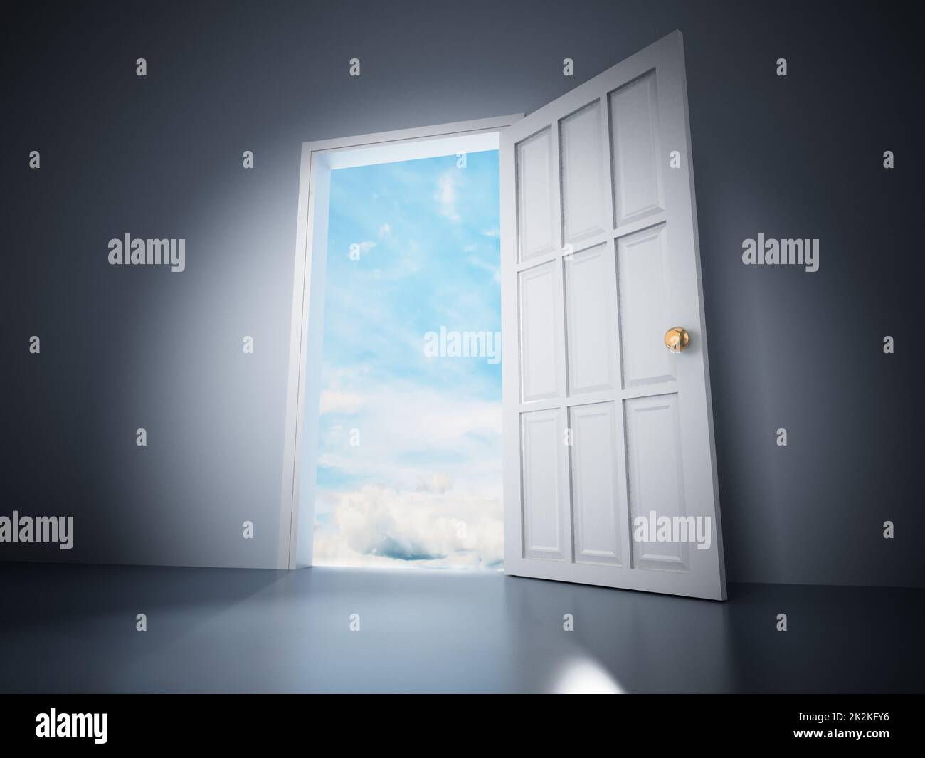 Porta aperta nella stanza buia che conduce al cielo blu. Illustrazione 3D Foto Stock